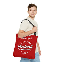 Load image into Gallery viewer, "Livin' That Pickleball Life" 2 - Canvas Tote 18" x 18" - PERSONALIZED