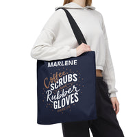 Load image into Gallery viewer, "Coffee Scrubs &amp; Rubber Gloves" 8 - Canvas Tote 18" x 18" - PERSONALIZED