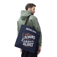 Load image into Gallery viewer, "Coffee Scrubs &amp; Rubber Gloves" 8 - Canvas Tote 18" x 18" - PERSONALIZED