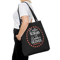 Load image into Gallery viewer, "Coffee Scrubs &amp; Rubber Gloves" 3 - 18" x 18" Canvas Tote