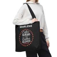 Load image into Gallery viewer, "Coffee Scrubs &amp; Rubber Gloves" 3 - Canvas Tote 18" x 18" - PERSONALIZED