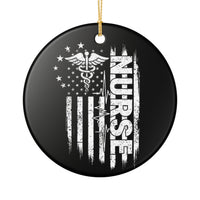 Load image into Gallery viewer, "Nurse Flag" Patriotic Ceramic Ornament 1 — "NURSE" with Caduceus, EKG Wave &amp; American Flag (Single‑Sided) | Nurse Gift &amp; Stocking Stuffer (Printed on Demand)