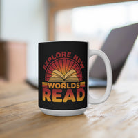Load image into Gallery viewer, "Explore New Worlds. READ" 15oz Ceramic Mug — Open Book Design | Gift for Readers, Teachers &amp; Librarians | Printed On Demand