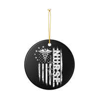 Load image into Gallery viewer, "Nurse Flag" Patriotic Ceramic Ornament 1 — "NURSE" with Caduceus, EKG Wave &amp; American Flag (Single‑Sided) | Nurse Gift &amp; Stocking Stuffer (Printed on Demand)