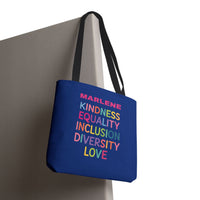 Load image into Gallery viewer, "Kindness Equality Inclusion Diversity Love" 1 - Canvas Tote 18" x 18" - PERSONALIZED