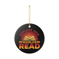 Load image into Gallery viewer, "Explore New Worlds READ" — Ceramic Single-Sided Ornament with Open Book Graphic | Book Lover, Teacher &amp; Library Gift | Printed On Demand