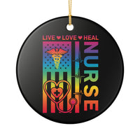 Load image into Gallery viewer, "Nurse Live Love Heal" Ceramic Ornament 2 — Single‑Sided 3.5" Nurse Gift with Caduceus, EKG &amp; Flag | Printed On Demand
