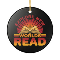 Load image into Gallery viewer, "Explore New Worlds READ" — Ceramic Single-Sided Ornament with Open Book Graphic | Book Lover, Teacher &amp; Library Gift | Printed On Demand