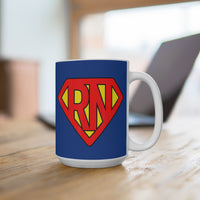 Load image into Gallery viewer, "RN" Superhero Shield Ceramic Mug — 15oz Nurse Coffee Cup | Printed On Demand • Perfect Nurse Gift