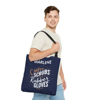 Load image into Gallery viewer, "Coffee Scrubs &amp; Rubber Gloves" 8 - Canvas Tote 18" x 18" - PERSONALIZED