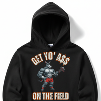 Load image into Gallery viewer, "Get Yo Ass" Lacrosse - On The Field 01 - Lane Seven LS14001 Premium Hooded Sweatshirt