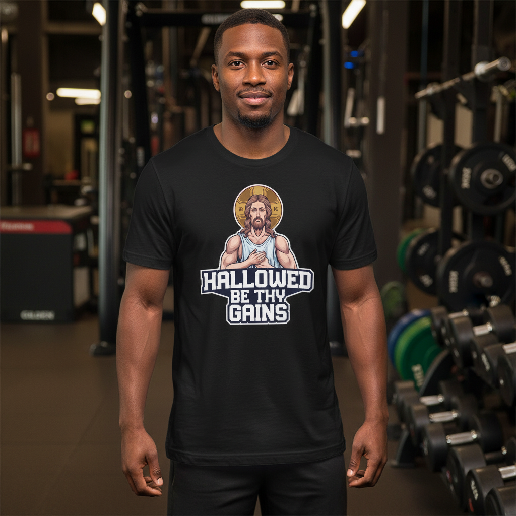 Hallowed Be Thy Gains 2 — Men’s Gildan 5000 Heavy Cotton Tee (Faith + Fitness)